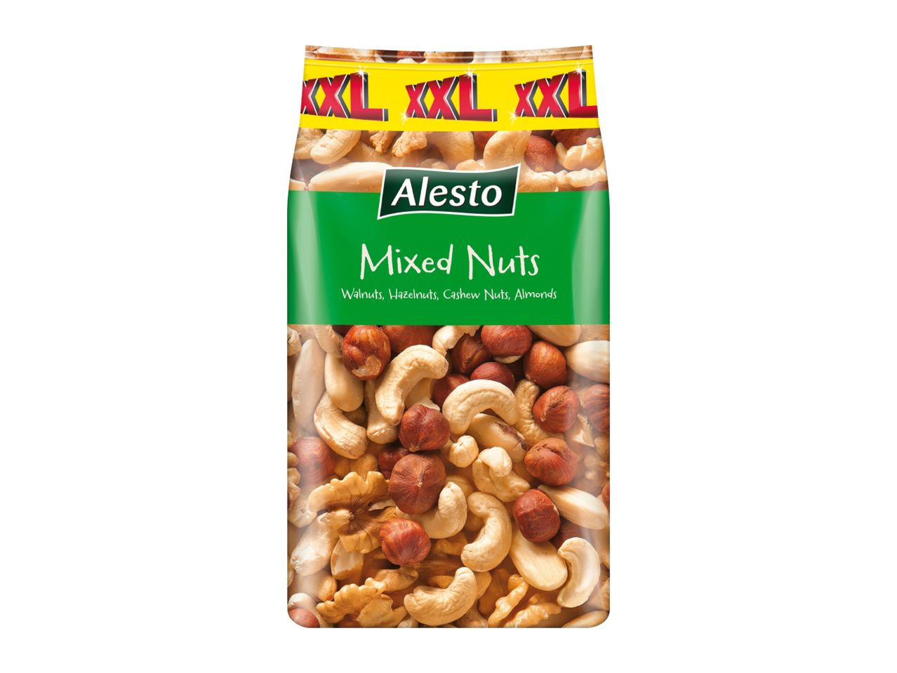 Alesto Mixed Nuts bag with walnuts, hazelnuts, cashew nuts, and almonds.