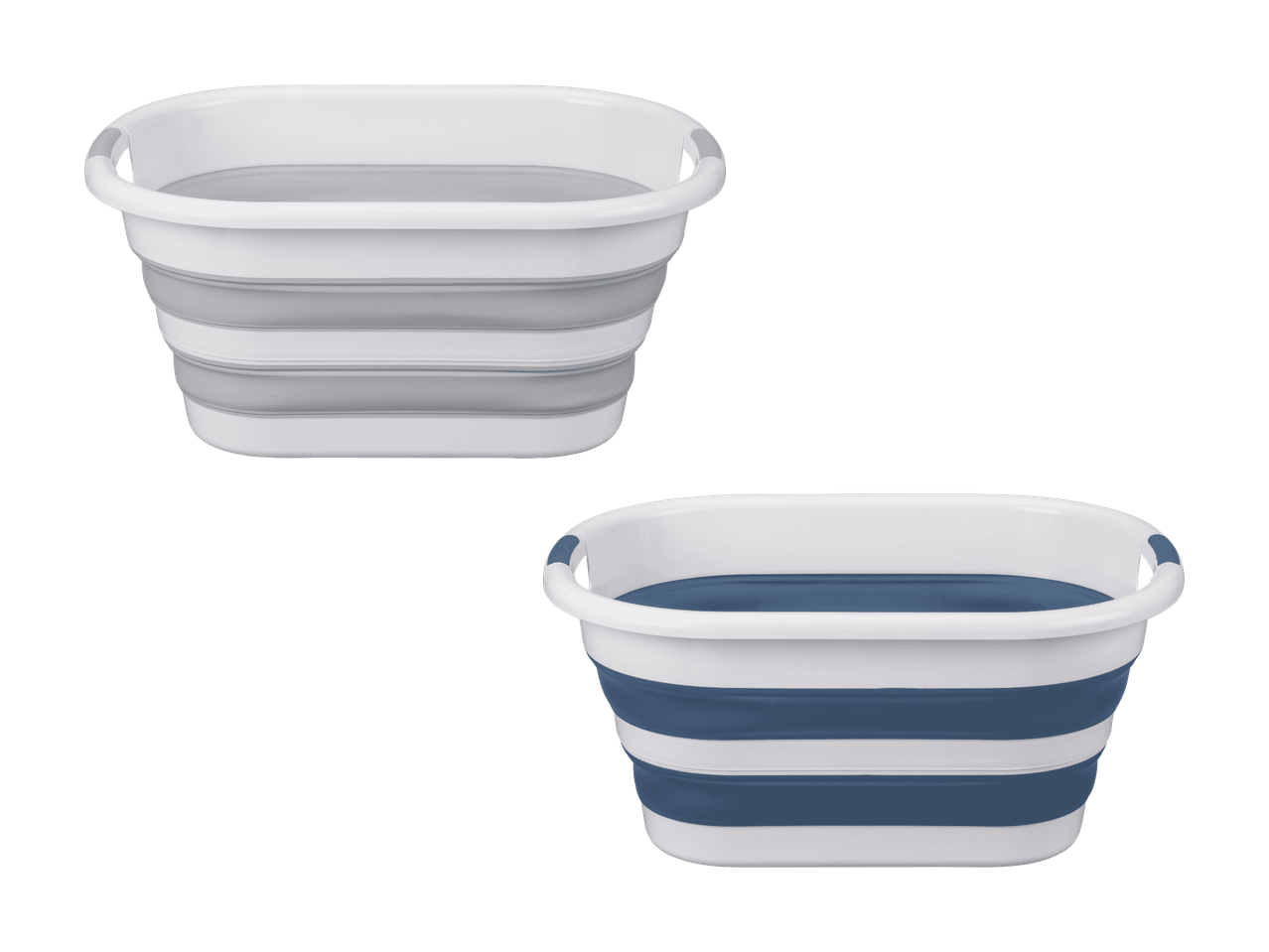 Deux paniers à linge pliables, l'un gris et blanc, l'autre bleu et blanc rayé.