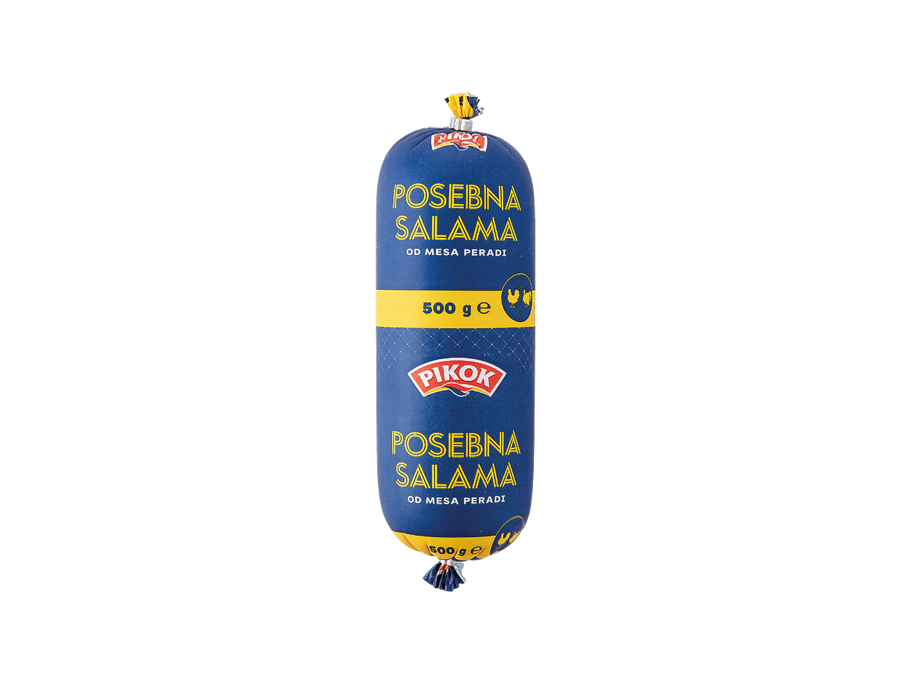 Plava salama od peradi s natpisom 'POSEBNA SALAMA OD MESA PERADI' i 500 g.