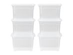 Six transparent plastic storage boxes with lids, stacked in two columns of three.
