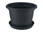 Dark grey plastic plant pot with a matching saucer on a white background.