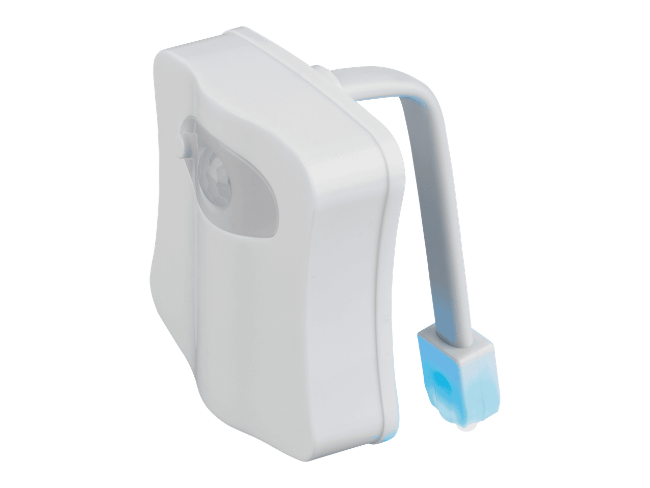 Valkoinen WC-istuimen valo, jossa on sininen valo ja liiketunnistin.