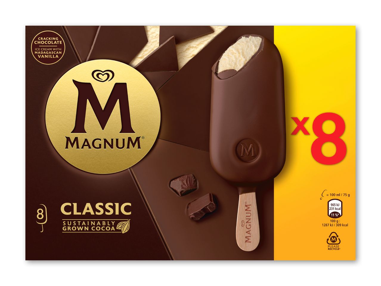 Pakke med 8 vaniljeisbarer med chokoladeovertræk, der fremhæver knasende chokolade og bæredygtigt dyrket kakao.