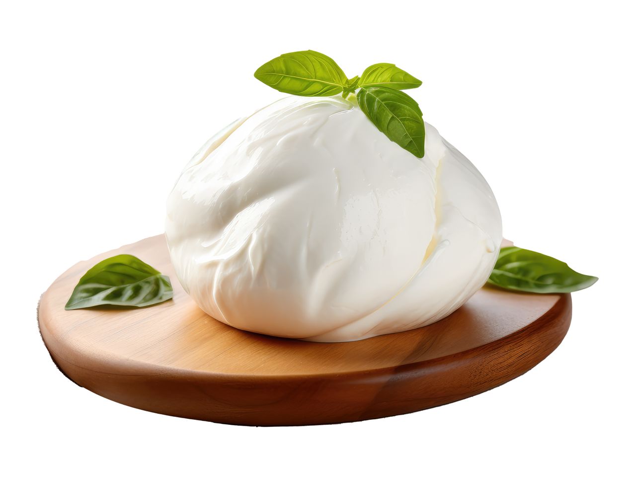 Kroglica mocarele na lesenem podstavku, okrašena z baziliko.