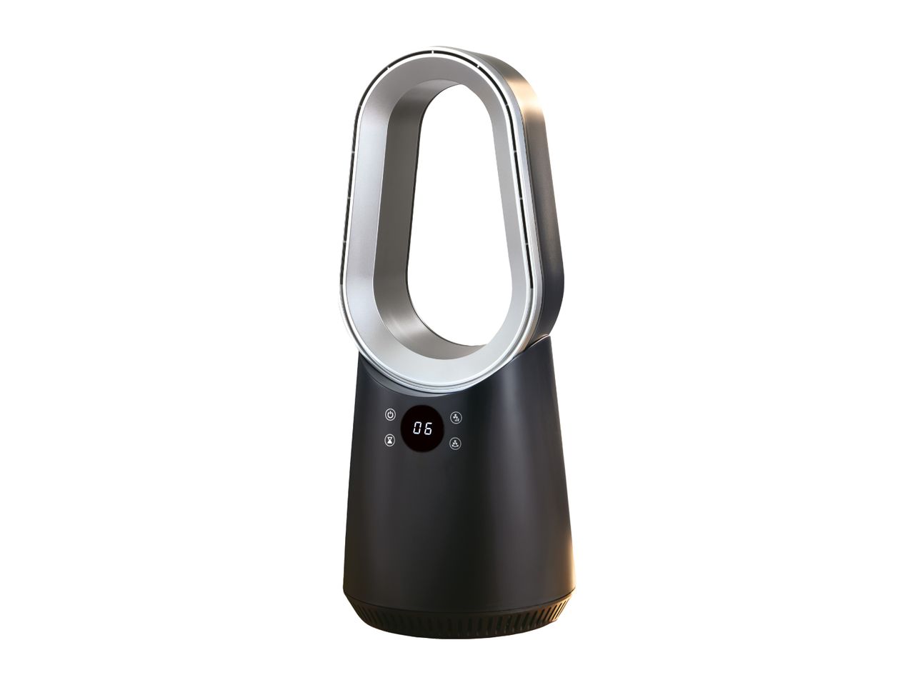 A black and silver bladeless fan with a digital display showing '06'.