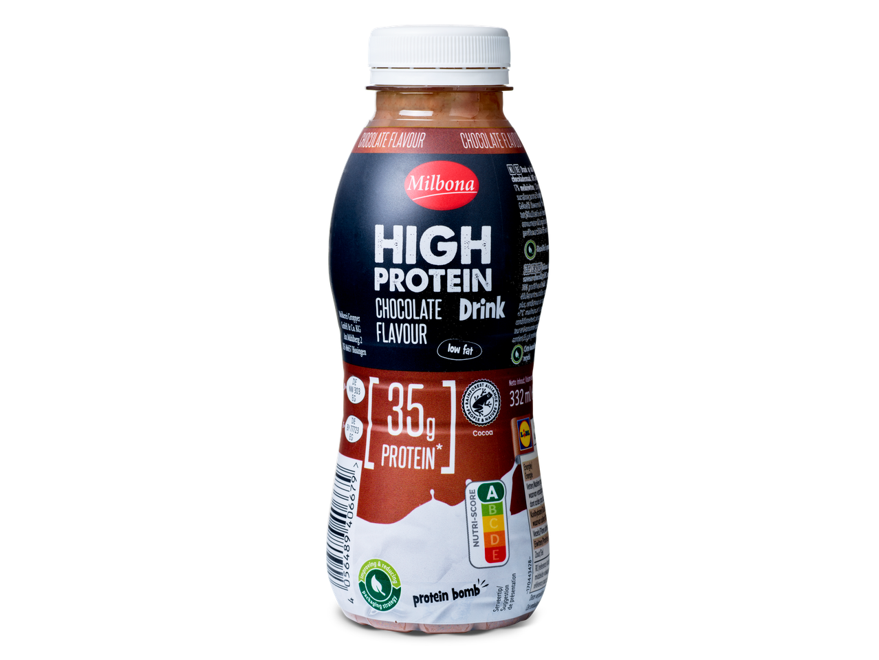 Milbona high-protein chocolade drank: 35g eiwit, laag vetgehalte.