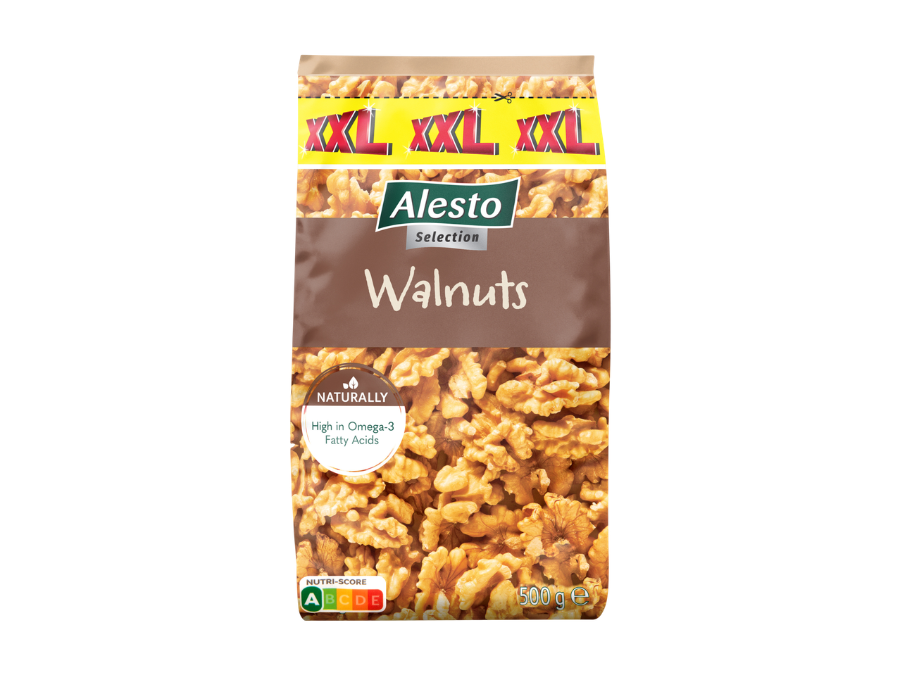 Embalagem XXL de nozes ALESTO SELECTION, 500g, com rótulo Nutri-Score A.