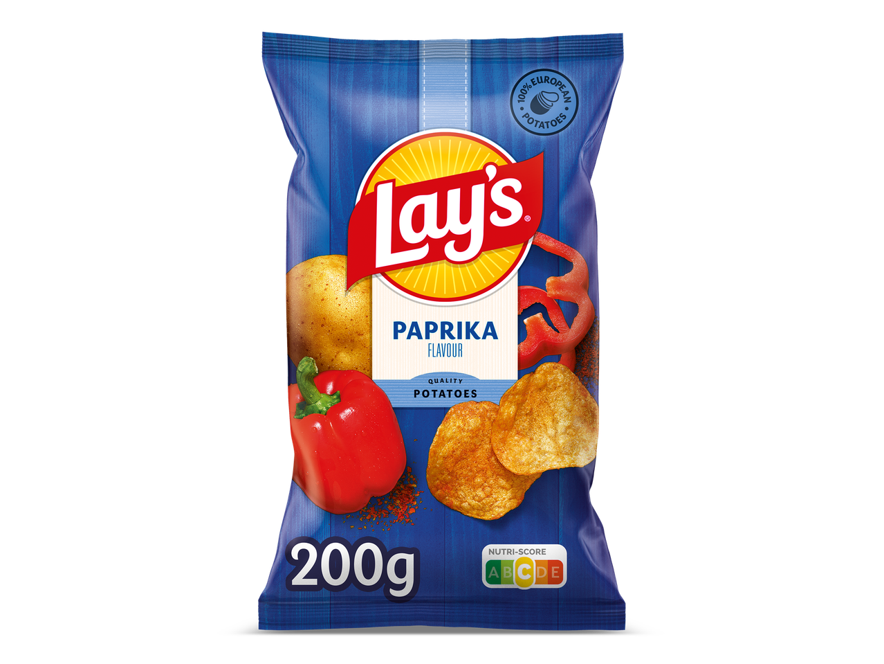 Een zak paprikachips van 200 gram met Nutri-Score C.