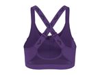 Purple sports bra with criss-cross back straps featuring a repeating pattern.