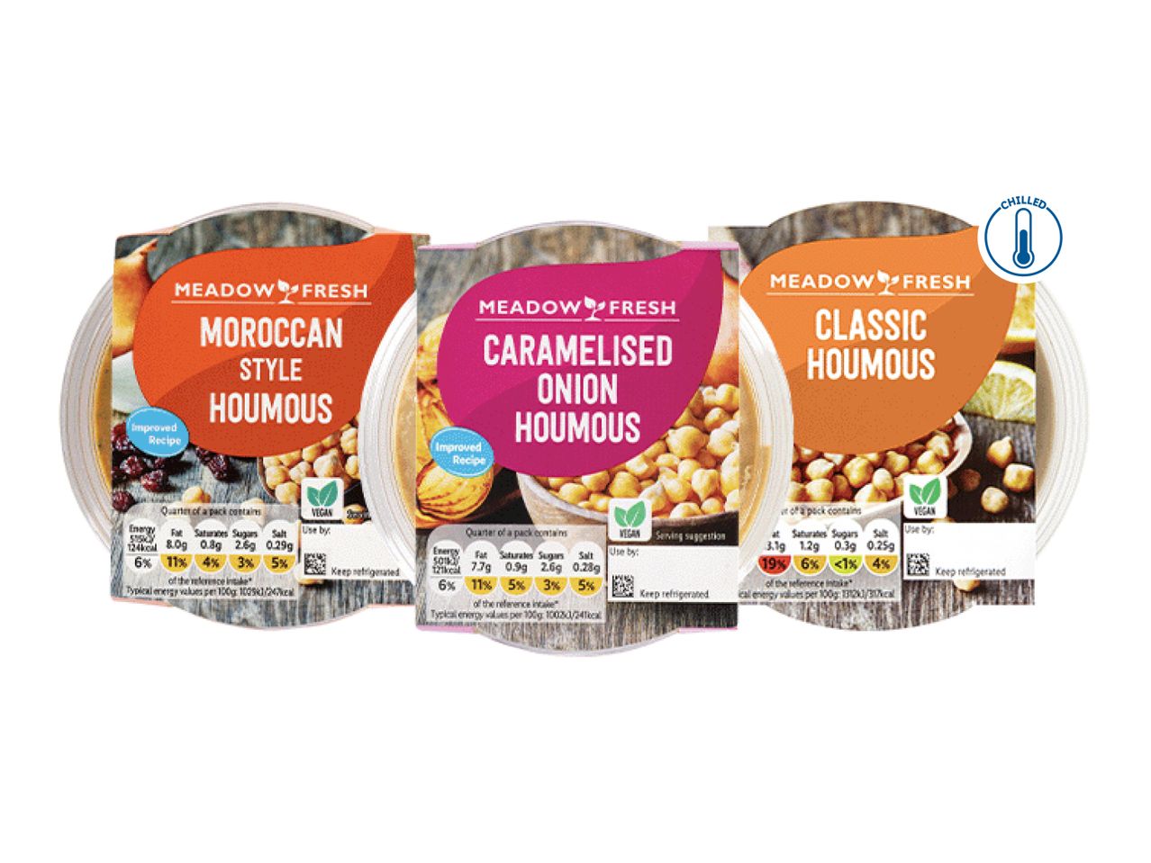 Three chilled houmous tubs: Moroccan Style, Caramelised Onion, and Classic, with nutritional information.