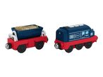 Toy train with a blue engine and a red cargo car filled with gold-colored blocks.