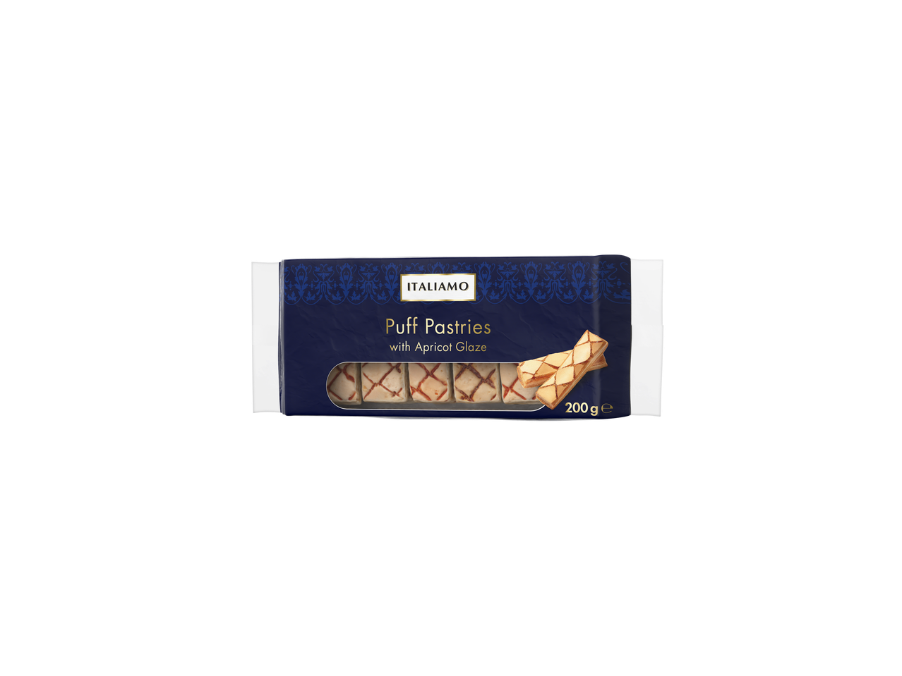 Italiamo Puff Pastries with Apricot Glaze, 200g, in a dark blue package.