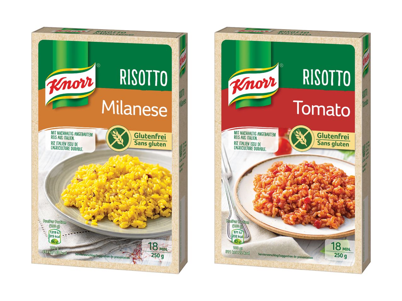 Zwei Knorr Risotto Packungen, eine Tomate und eine Milanese.