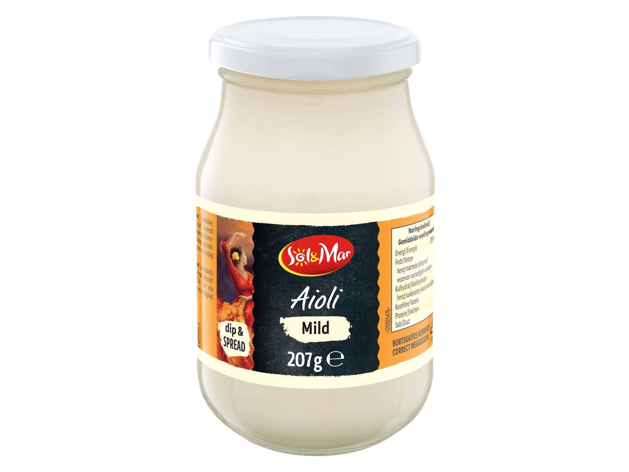 Sol&Mar Aioli Mild dip en spread in een glazen pot, 207g.