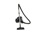 Black bagless cylinder vacuum cleaner with a silver telescopic tube and flexible hose.