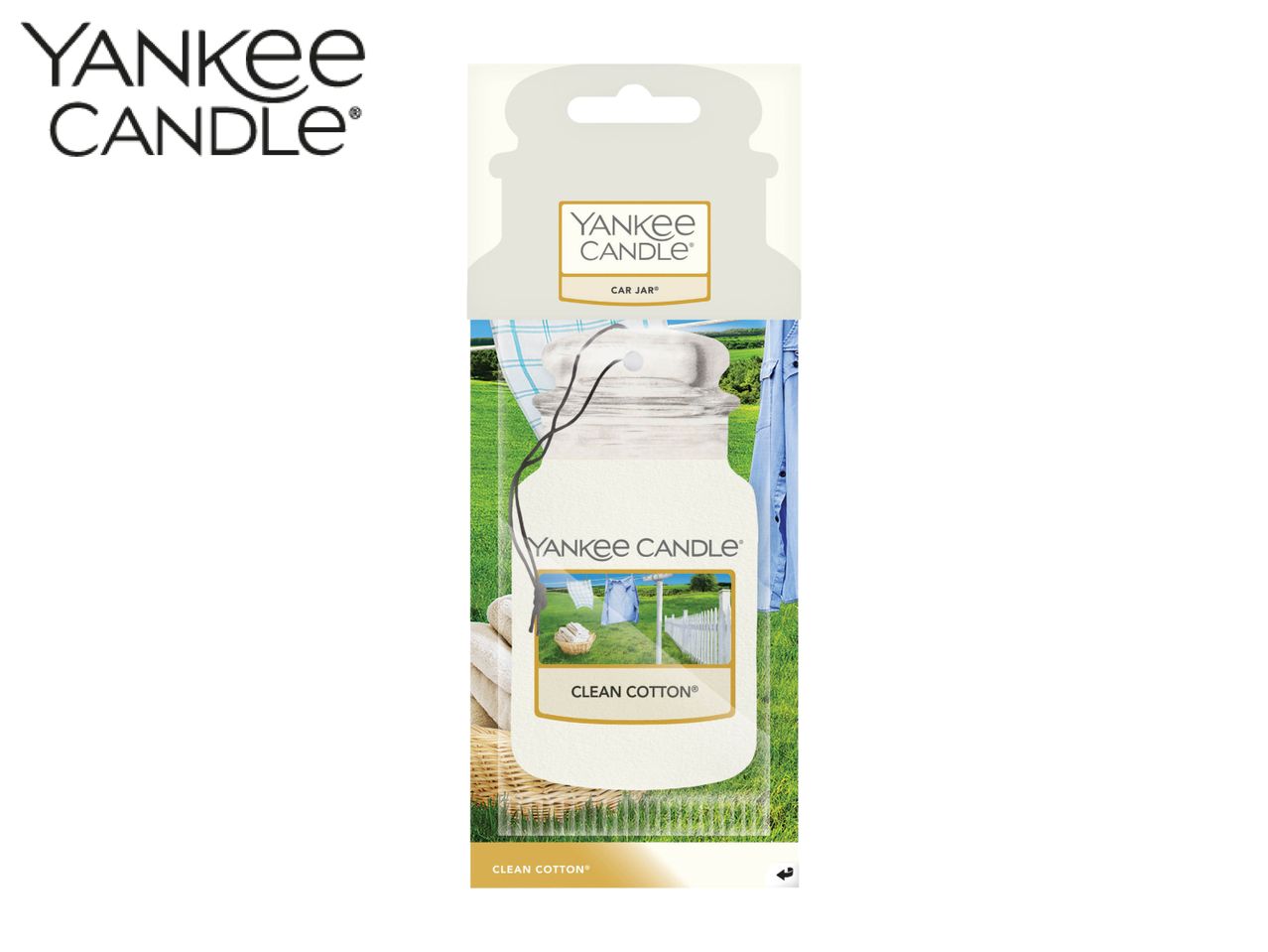 Car air freshener in the shape of a jar, with a clean cotton theme.