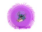 Purple puffer ball with a surfing alien character design.