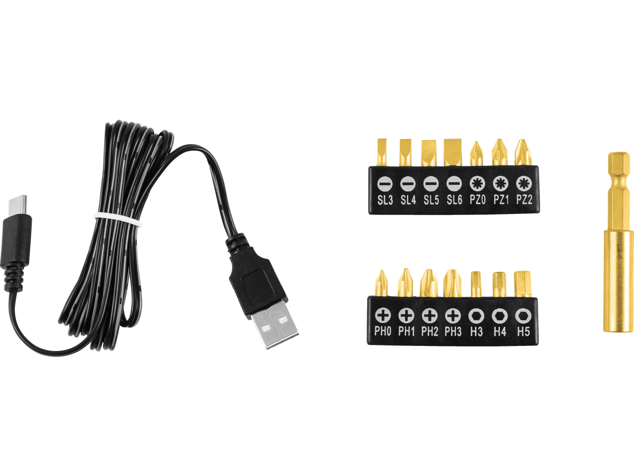 USB-C į USB-A laidas ir du atsuktuvų antgalių rinkiniai (plokšti, Phillips, Pozidriv, šešiabriauniai).