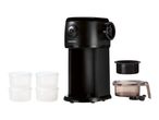 Black kitchen appliance with several clear and black containers on a white background.