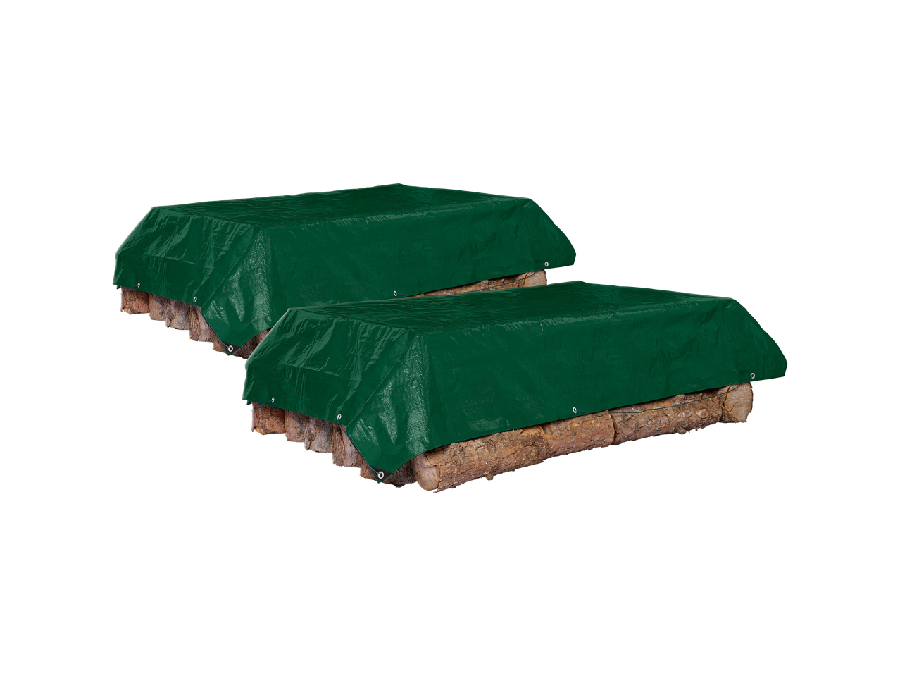 Two green PARKSIDE® tarpaulins covering stacked logs.
