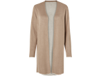 En lång beige kofta med ljusare beige foder.
