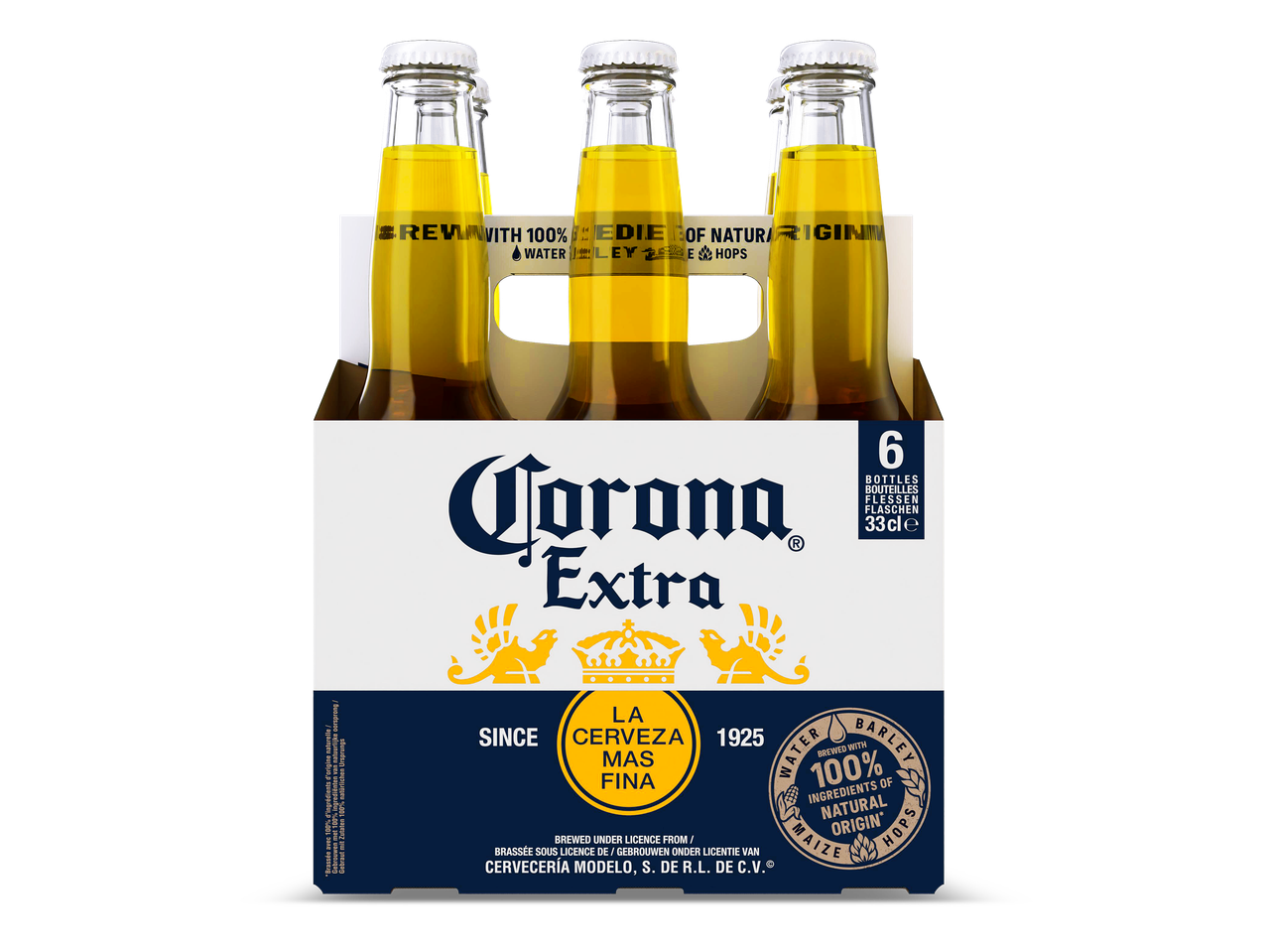 Een kartonnen verpakking met zes glazen flessen bier.