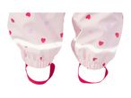 Pink children's rain pants with red and light pink heart patterns and reflective stripes