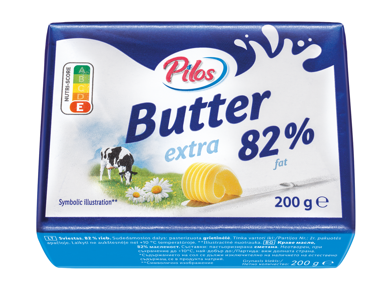 Опаковка масло с 82% масленост, крава, маргаритки и надпис 'extra 82% fat'.