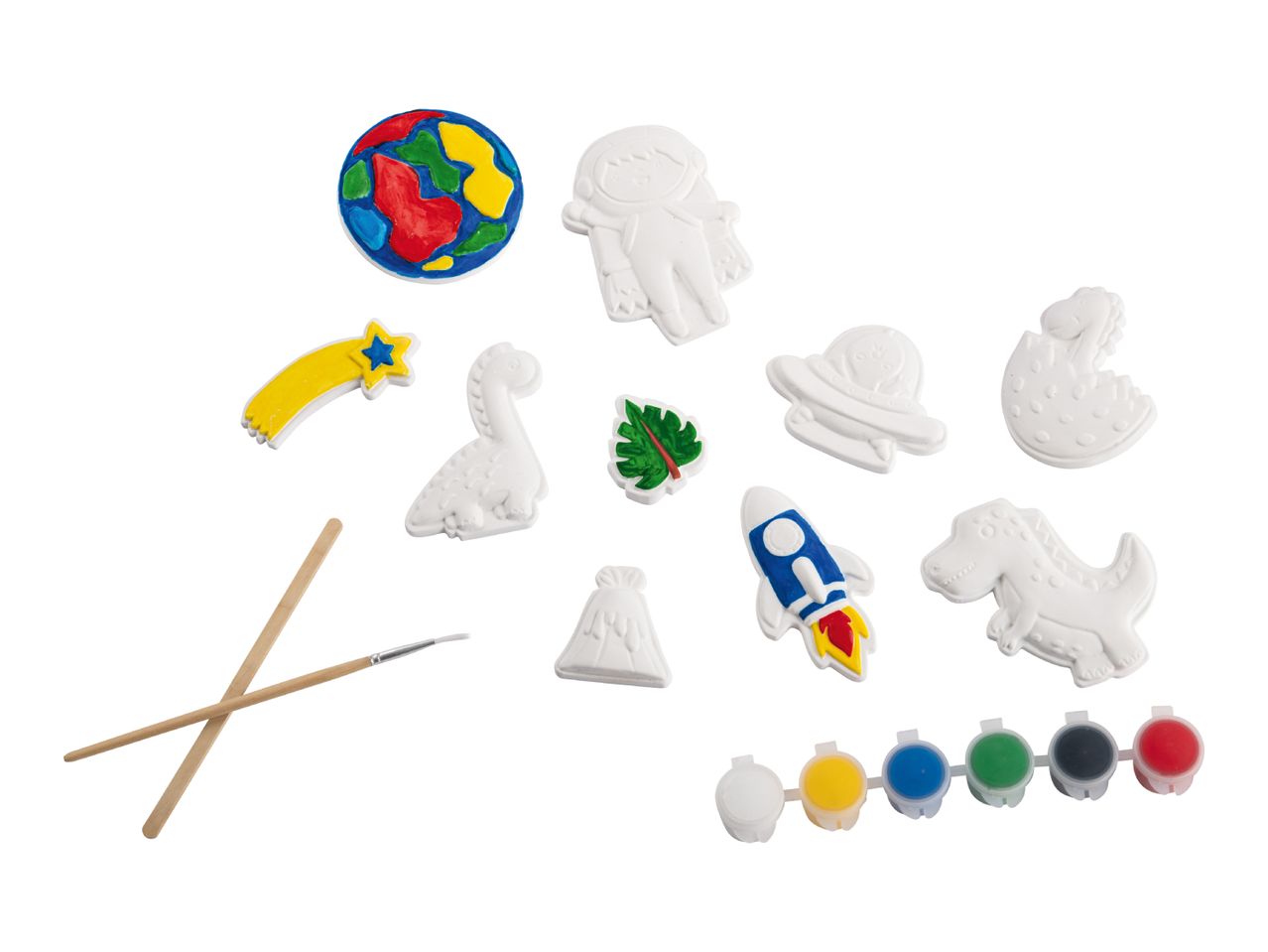 A craft kit with paintable plaster figures, including space and dinosaur themes, paints, and brushes.