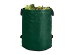 Green garden waste bag filled with autumn leaves.