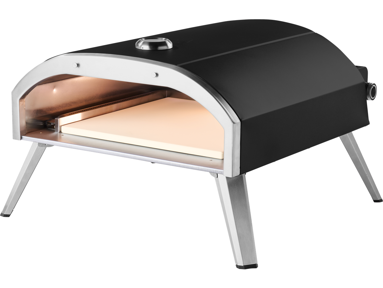 Black and silver portable pizza oven with a light-colored pizza stone inside, on a black background.