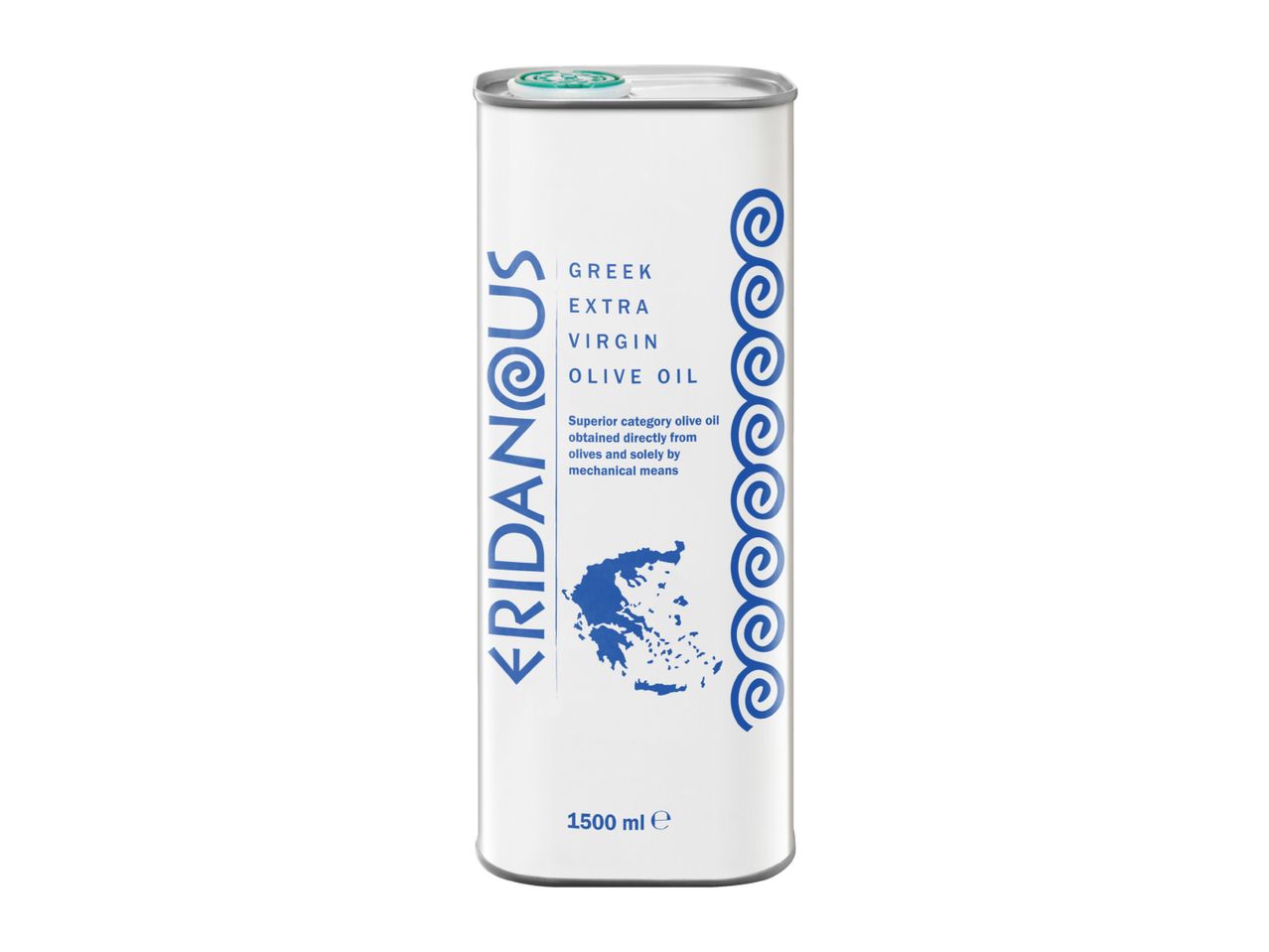 White tin of Greek extra virgin olive oil with a map of Greece and blue text.