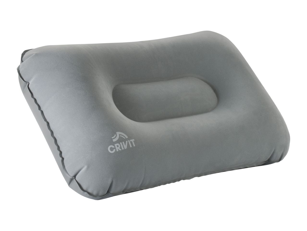 Grey inflatable camping pillow with a central indentation and a small logo.