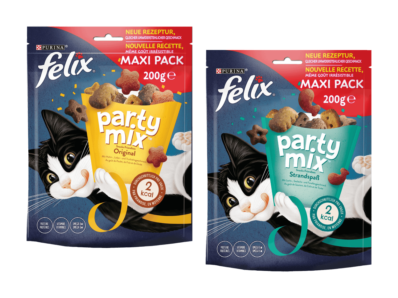 Zwei Packungen Katzensnacks, Party Mix Original und Strandspaß, mit je 200g und 2 kcal pro Snack.