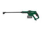 A green, handheld power washer with a long wand.