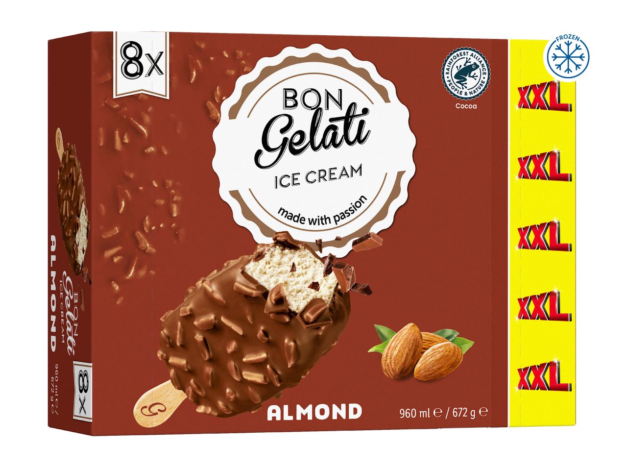 Box of 8 almond ice cream bars with chocolate coating, Rainforest Alliance certified cocoa.
