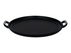 Black cast iron round griddle pan with two handles