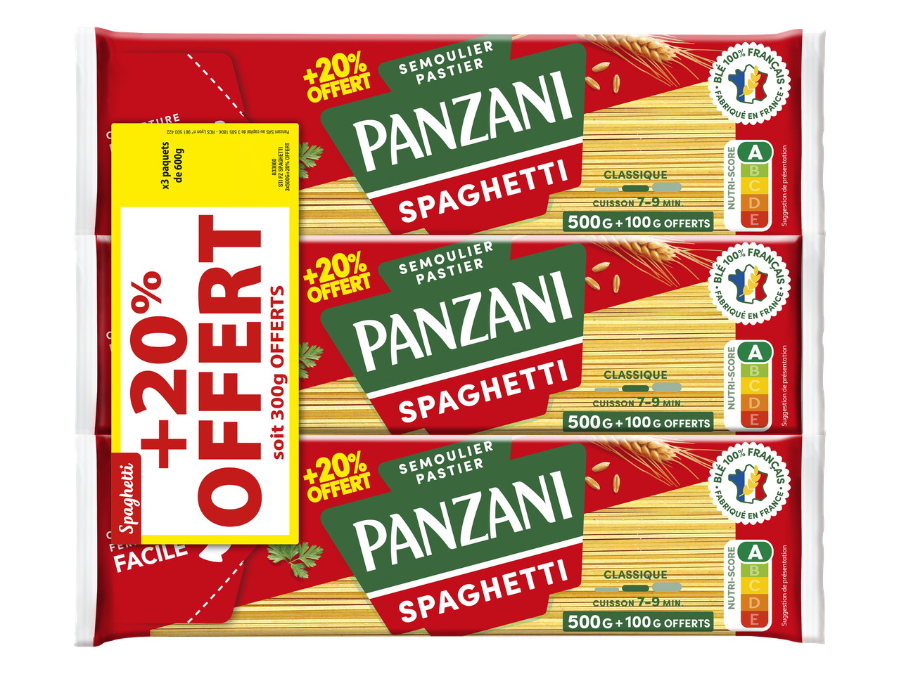 Paquets de spaghettis avec offre promotionnelle de +20% et Nutri-Score A.