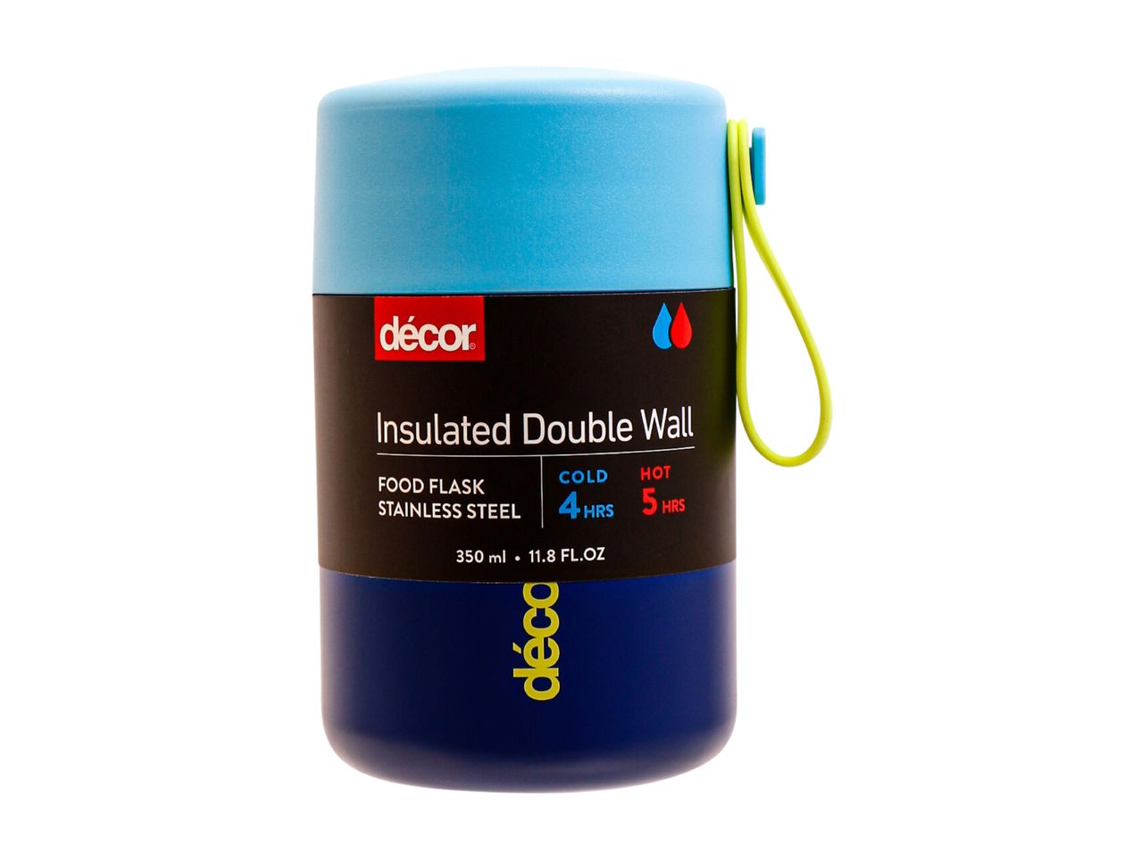 Insulated double wall food flask in blue and dark blue, holding 350ml, keeps food cold for 4 hours and hot for 5 hours.