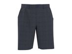 Dark blue men's shorts with a subtle textured pattern and a single button closure.