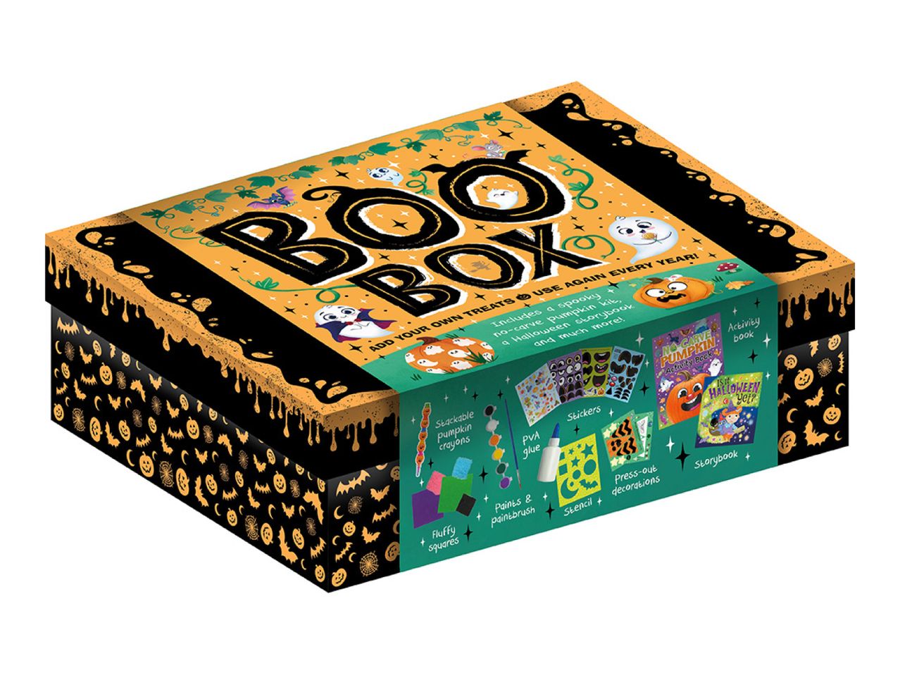 Halloween Boo Box with a no-carve pumpkin kit, storybook, activity book, and craft supplies.