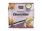 Emballage til stenovnsbagte chiastykker med brød og avocado-toast, der fremhæver friskhed.