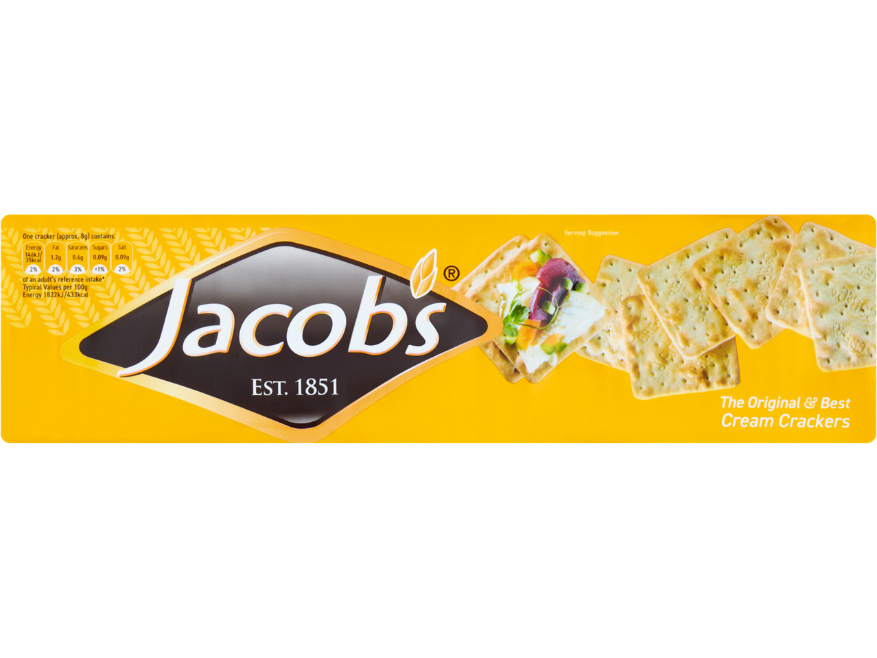 Jacobs Cream Crackers packaging shows a serving suggestion and nutritional information.