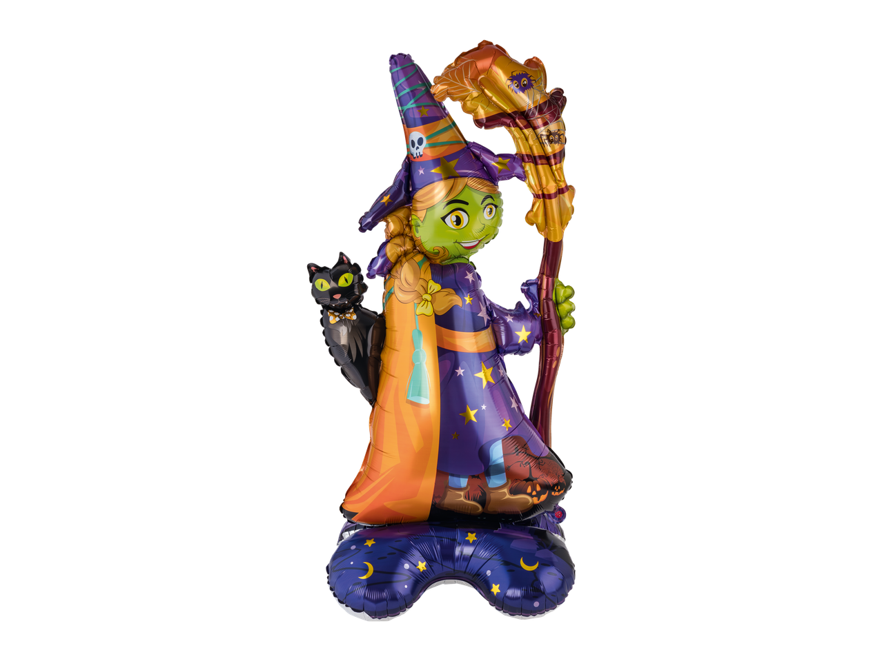 Halloween witch foil balloon with a black cat and broomstick.