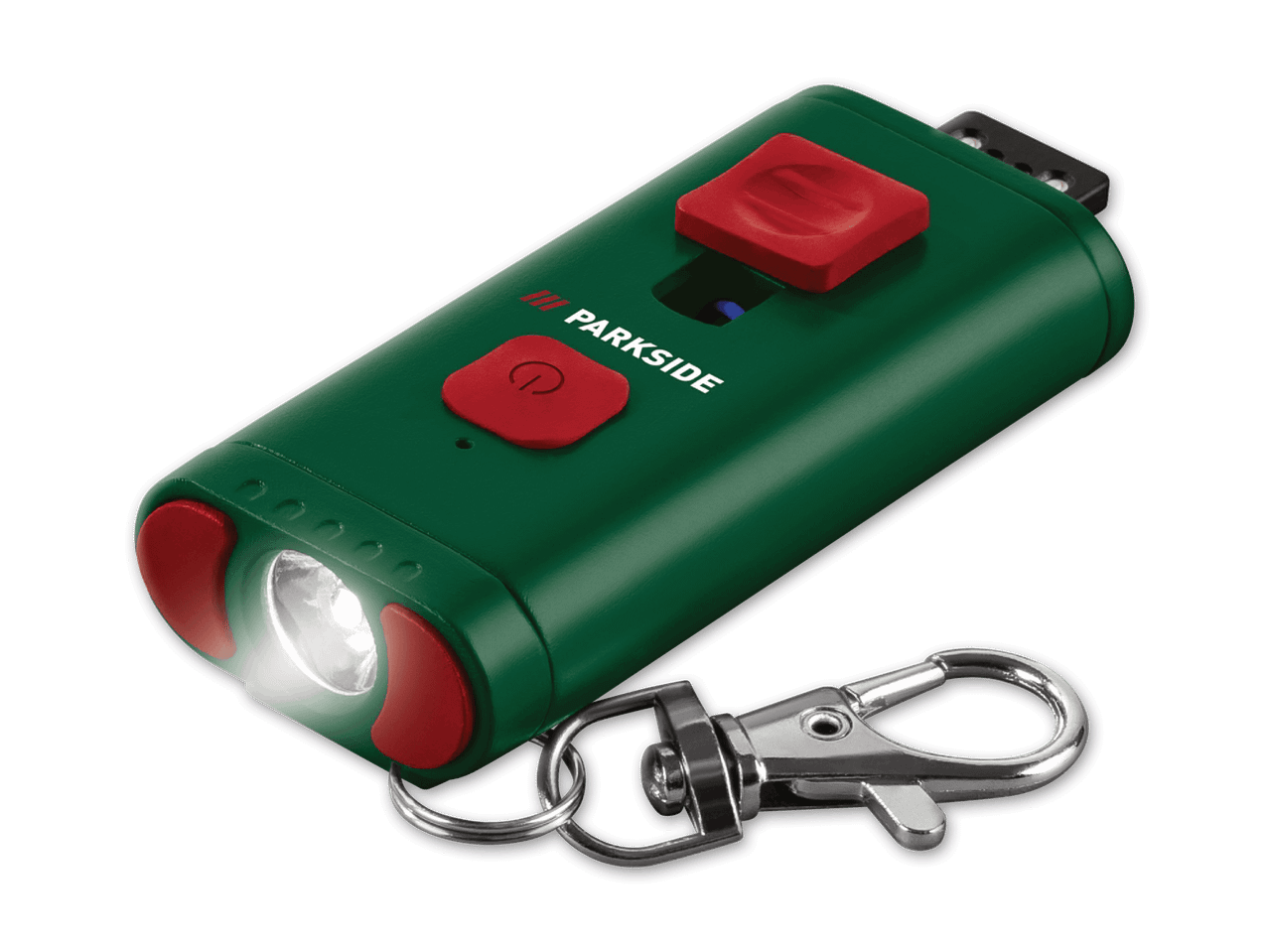 Ein Schlüsselanhänger mit integrierter Taschenlampe und zwei Knöpfen.