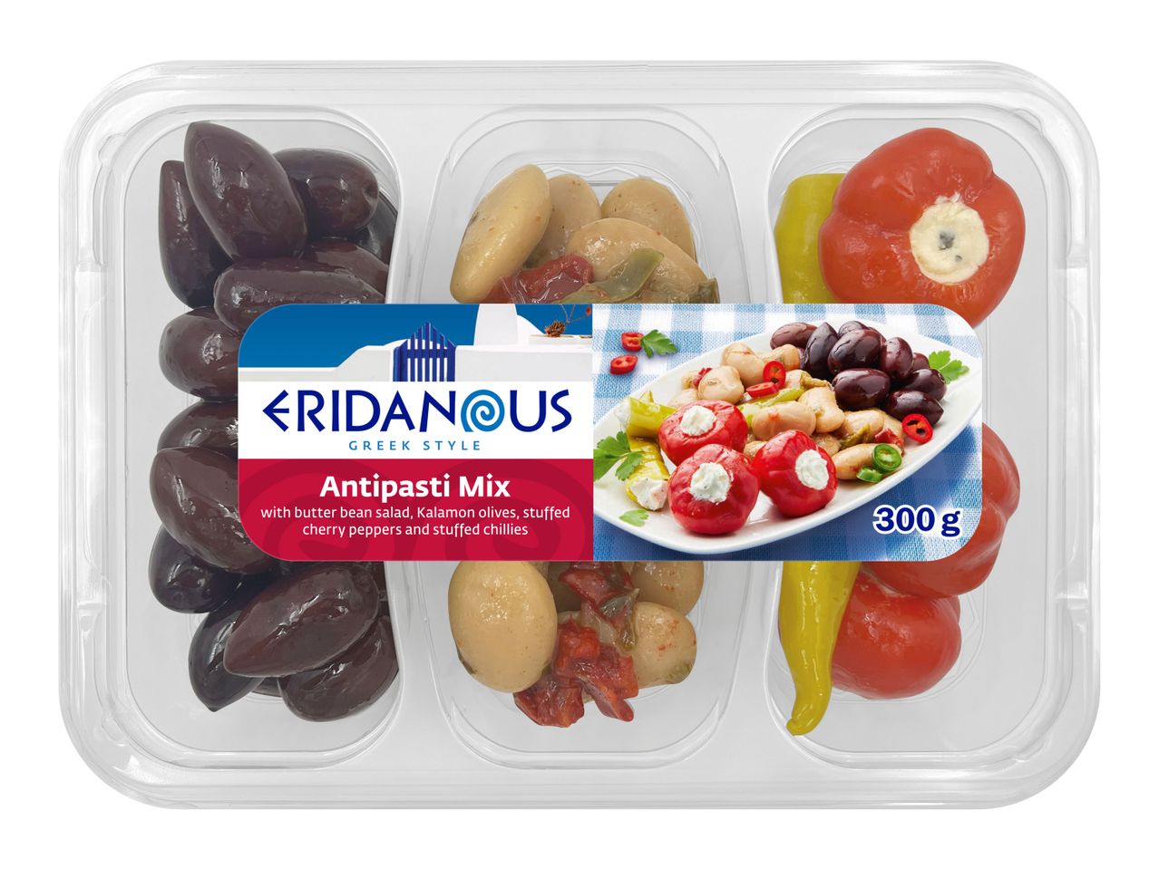Eridanous Greek Style Antipasti Mix: Kalamon olives, butter beans, stuffed peppers & chillies.