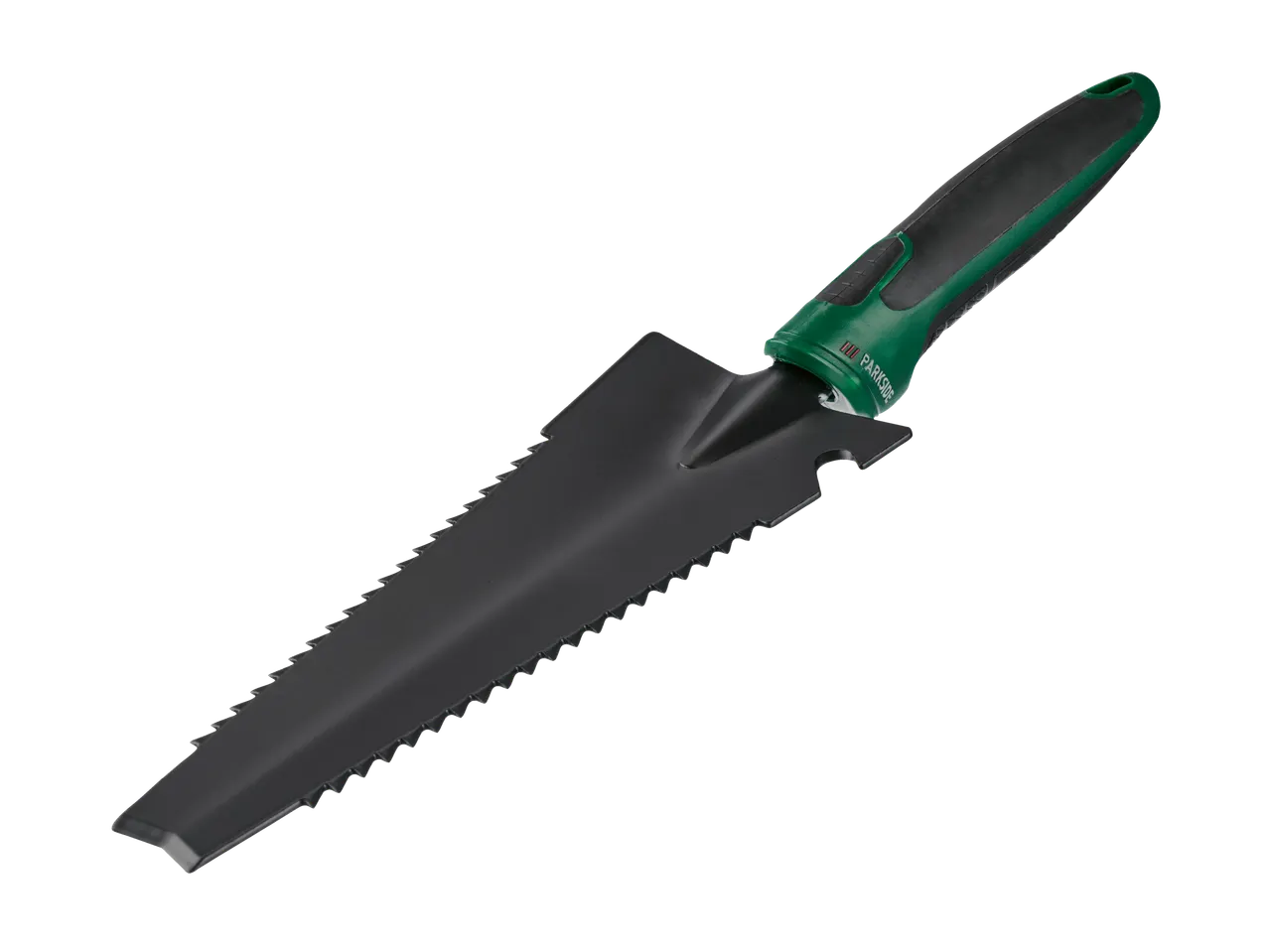 PARKSIDE® trädgårdsspade med sågtandat blad och grönt och svart handtag.