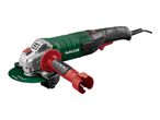 A green and black angle grinder with a red handle and a green cutting disc.