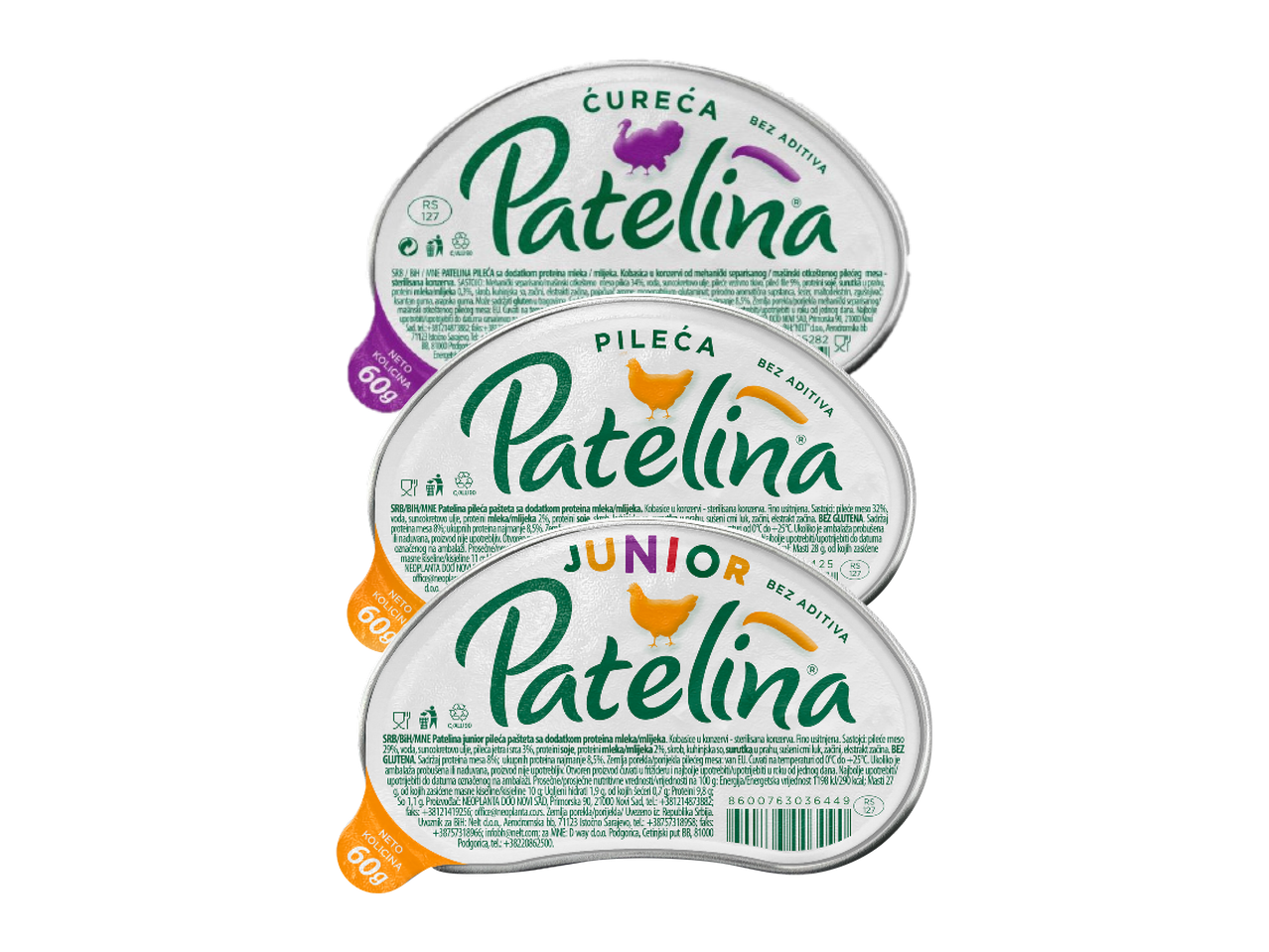 Tri pakovanja paštete od ćuretine, piletine i junior piletine, sa natpisom „bez aditiva“ i naznačenom neto količinom od 60g.