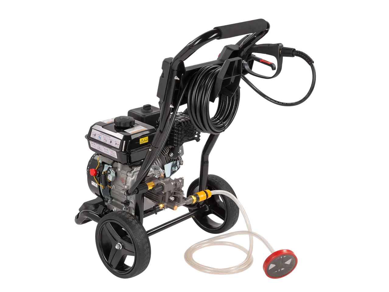 Gas-powered pressure washer with wheels.